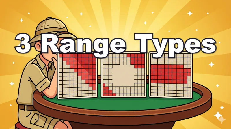 Explorer character comparing three poker hand range charts: Linear, Polarized, and Condensed